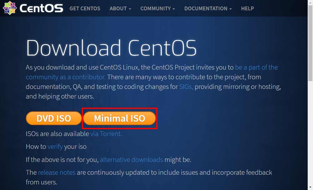 CentOS 7公式ダウンロードページで「Minimal ISO」を選択