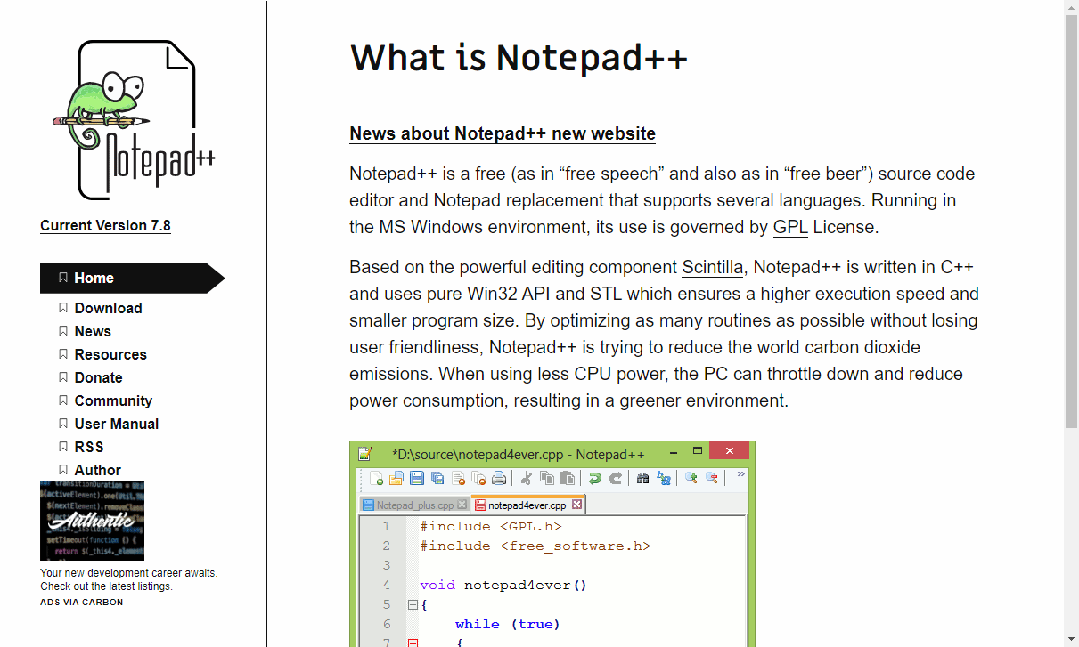 Notepad++公式サイトのスクリーンショット