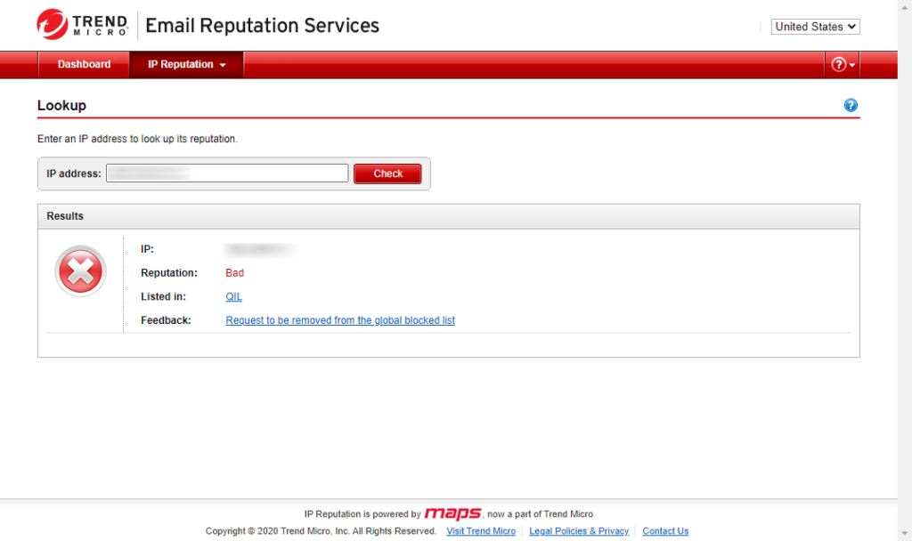 Trend Micro Email Reputation ServiceのURLをブラウザで開く